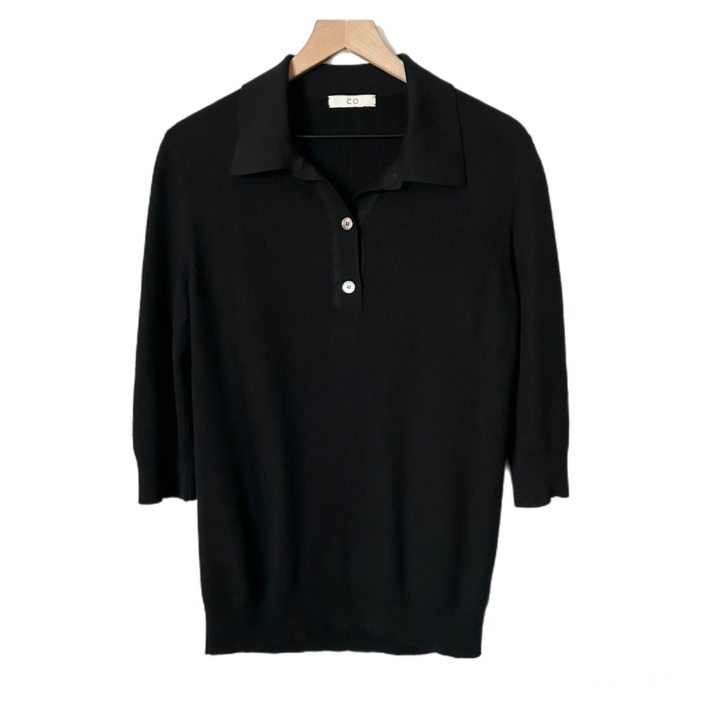 CO Collection Polo Sweater 100% Silk Black Ribbed Knit 3/4 Sleeve Luxury Large